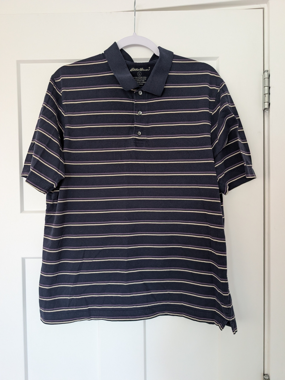 Eddie Bauer Navy Polo with Cream, Purple, and Light Gray Stripes Size Large